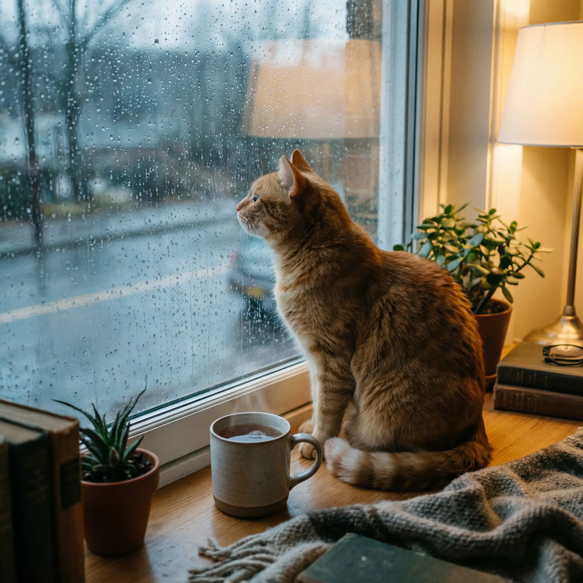 猫咪望着窗外的雨 - JINLINQISHICHIZHONGWU